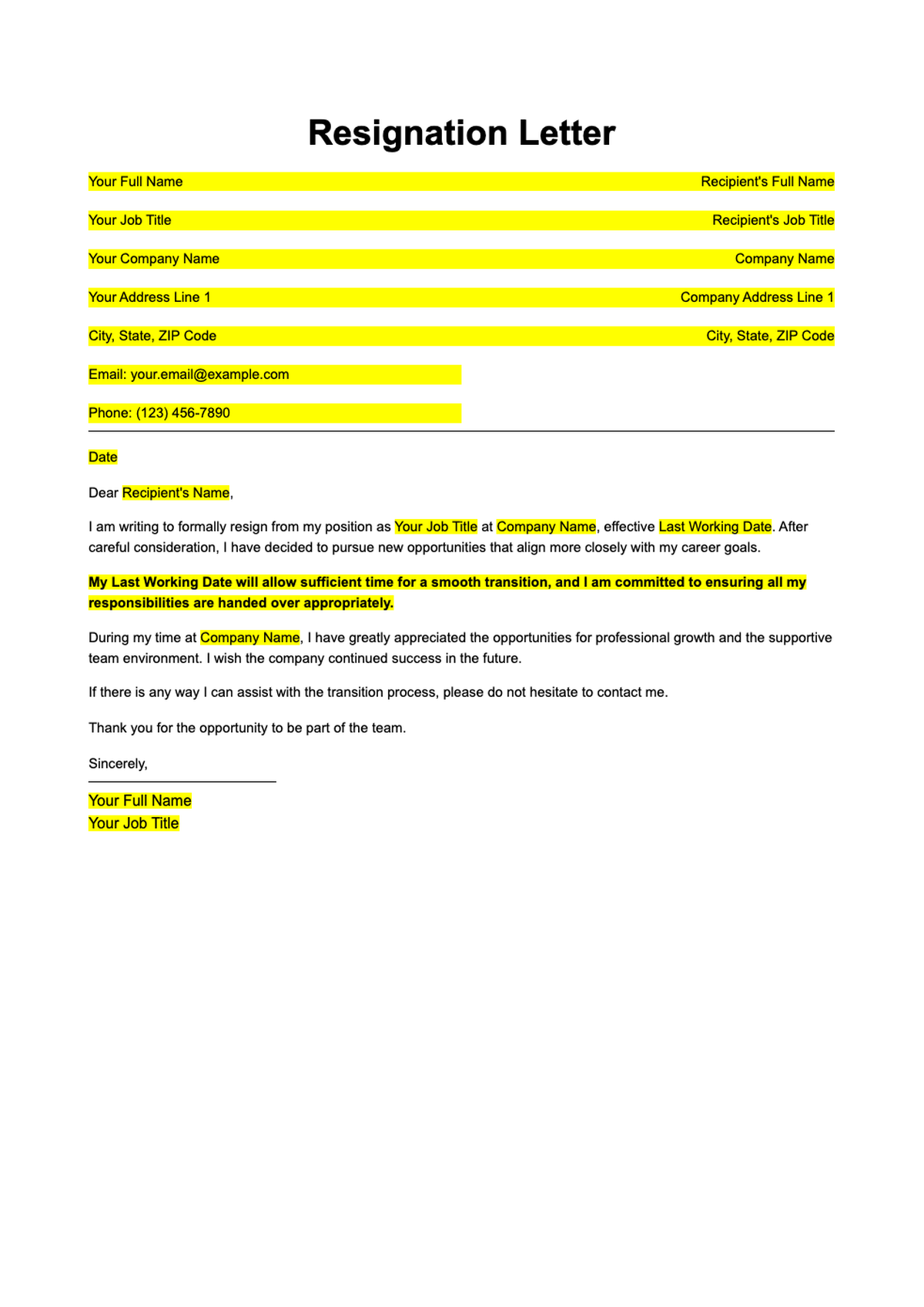 Formal resignation letter template with placeholder fields and orange accent design_variant_2
